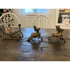 Vintage Brass Reindeer Sleigh Christmas Holiday Decor